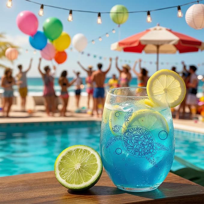 FACOYANS Ocean Themed Stemless Wine Glasses (17 oz, Set of 4) - Printed Sea Turtle, Starfish, Coastal Shell Designs - Beach House Glassware And Wine Gifts for Women, Mom, Birthdays
