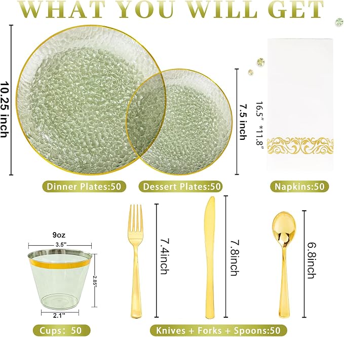 DaYammi 350PCS Sage Green Plastic Dinnerware Set, Plastic Plates Disposable Hammered Disposable Plates for Party, Include: 50 Dinner Plates 50 Dessert Plates 150 Gold Silverware 50 Napkins 50 Cups