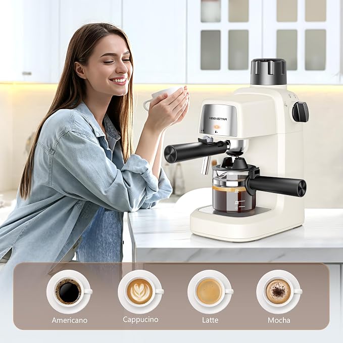 KEENSTAR Espresso Machine 3.5Bar, Compact Expresso Coffee Machines 4-Cup | Milk Frother, 800W Fast Heating, Brew Latte & Cappuccino, Espresso Maker for home, for Coffee Lover, White