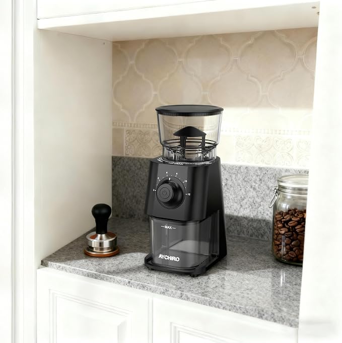 AYCHIRO Coffee Grinder Electric, Coffee Beans Grinder for Home Use with 30 Grind Settings - 12 Cups Capacity for Espresso, Drip & Americano, Black