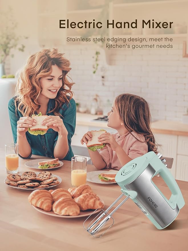 Hand Mixer Electric Handheld, 6 Speed & Turbo Electric Mixer, 300W Handheld Mixer with 2 Stainless Steel Whisk and 2 Dough Hook for Whipping, Mixing Cookies, Brownie, Cakes, Dough Batters, Green