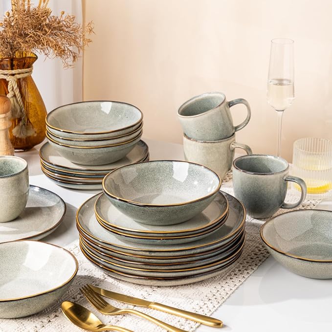 AmorArc Ceramic Dinnerware Sets for 6, 18Pcs Plates and Bowls Sets Dishes | Stoneware Handmade Reactive Glaze Dinner Set, Highly Scratch Resistant | Dishwasher & Microwave Safe Dishware