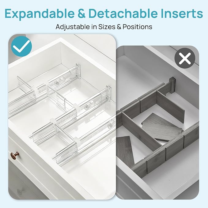 Vtopmart 2.36" Drawer Dividers with Expandable Inserts, 12.8"-22.3", 8 Pack | Adjustable Kitchen Drawer Organizer, Clear Organizer Separator for Flatware, Utensil, Cutlery, 8 Dividers with 14 Inserts