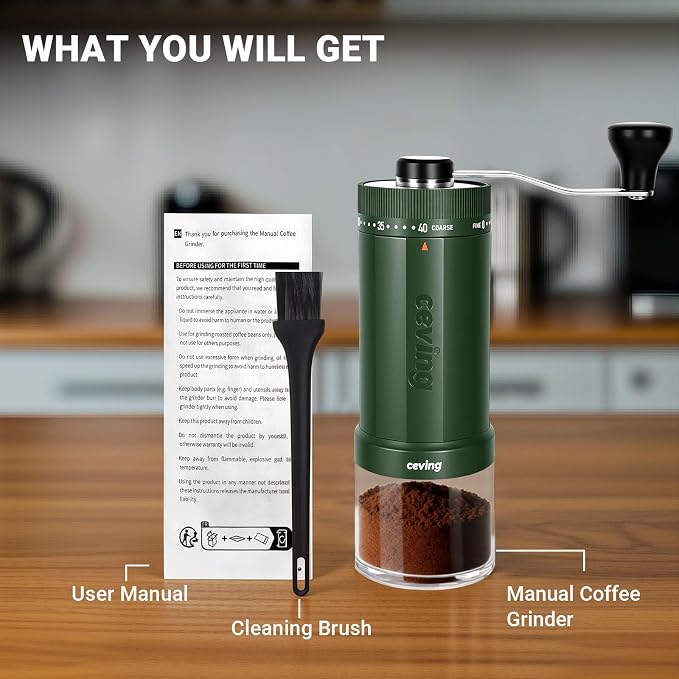 CEVING World's First 60g Large Capacity Manual Coffee Grinder, Green | 40 External Settings, Portable Hand Coffee Bean Mill with Stainless Steel Conical Burr for Travel, Camping, Pour Over & Gift