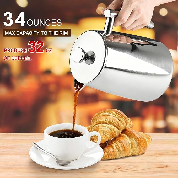 Secura French Press Coffee Maker, 34-Ounce, 304 Stainless Steel Insulated Coffee Press with Extra Screen