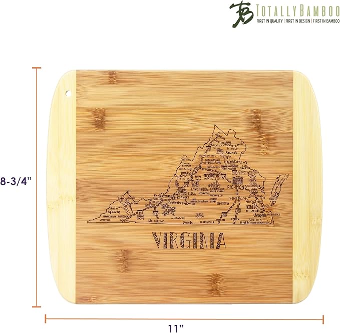 Totally Bamboo A Slice of Life Virginia Engraved Map Cutting Board | 11” x 8.75” charcuterie board with engraved state map artwork. Smooth reverse side for food prep. Hang tie for wall display.