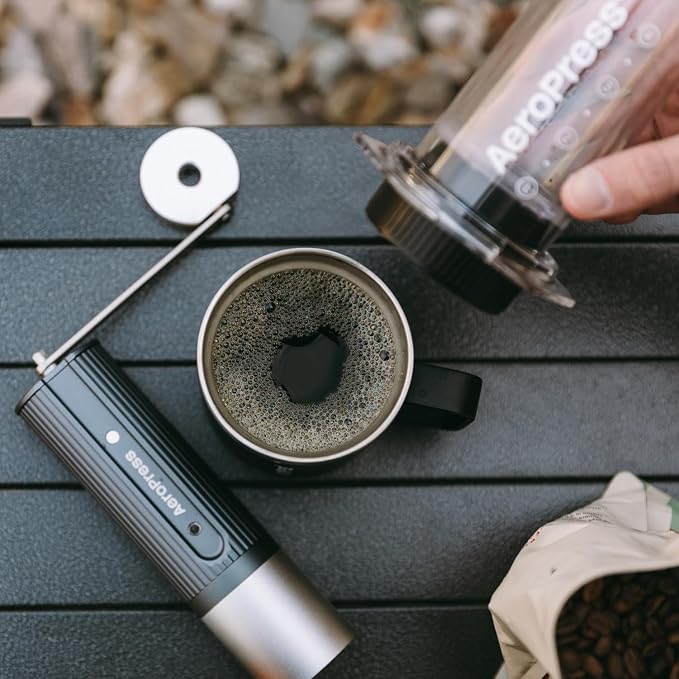 AeroPress Manual Coffee Grinder, Portable Hand Burr Grinder | Titanium-Coated Conical Burrs, 60 Grind Settings, Compact Travel