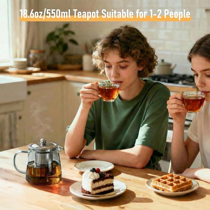PARACITY Clear Teapot, Glass Kettle with Infuser, Tea Maker, 18.6 oz, Black | 550 ml borosilicate stovetop tea brewer with removable 18/8 steel strainer for loose leaf, blooming tea, fruit tea or bags