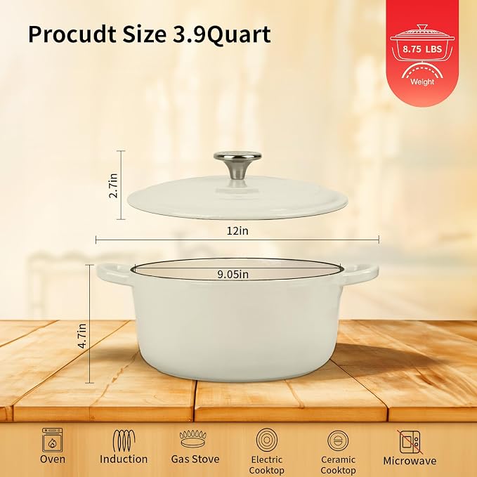 Enameled Cast Iron Dutch Oven Pot with Lid, 3.9 Quart Dutch Oven for Bread Baking, Oven Safe up to 500° F, Suitable for Bread Baking, Braising, Roasting, Stews, White