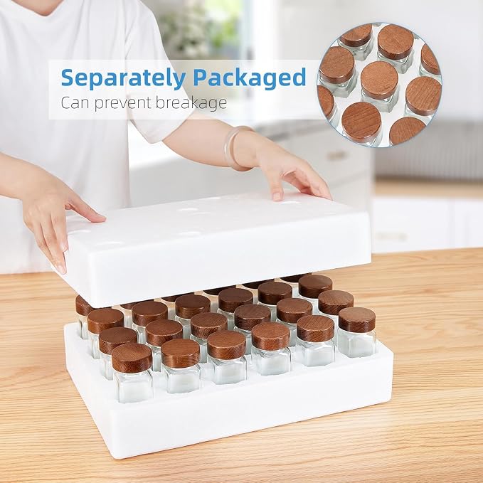 Glass Spice Containers for Kitchen: 34P 4oz Dishwasher Safe Jars | Durable Glass Jars for Cooking Enthusiasts- Airtight Acacia lid 500X Open-Close no Loose - Gift/Daily Use for Housewives