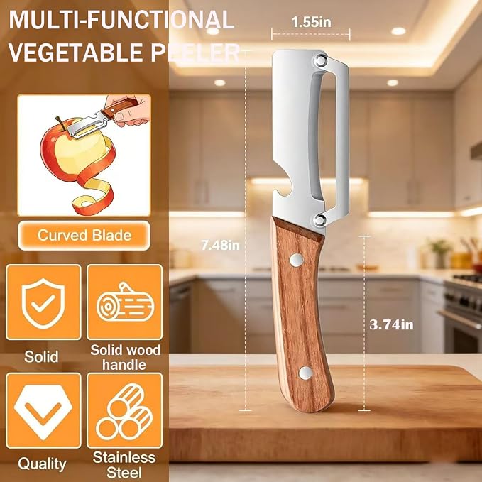 MultiFunctional Vegetable Peeler for Kitchen,Multifunctional Vegetable Peeler with Wooden Handle and Bottle Opener,2-in-1 Stainless Steel Kitchen Tool for Fruit Apple Potato Pumpkin Papaya (1)