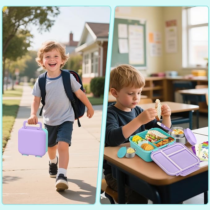 Kids Bento Lunch Box with 9oz Soup Thermo Leakproof Lunch Food Containers 4 Compartment with Insulated Hot Food Jar for Kid Toddler Girls Boys to School, Trvael