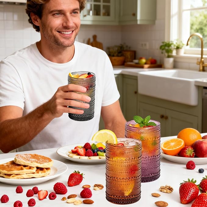 GGOLDMER Colored Hobnail Drinking Glasses Set of 6, 12oz Vintage Highball Glasses, Kitchen Glassware, Beaded Glass Cups for Iced Coffee, Cocktail, Beer, Juice, Cocktail, Whiskey, Milk