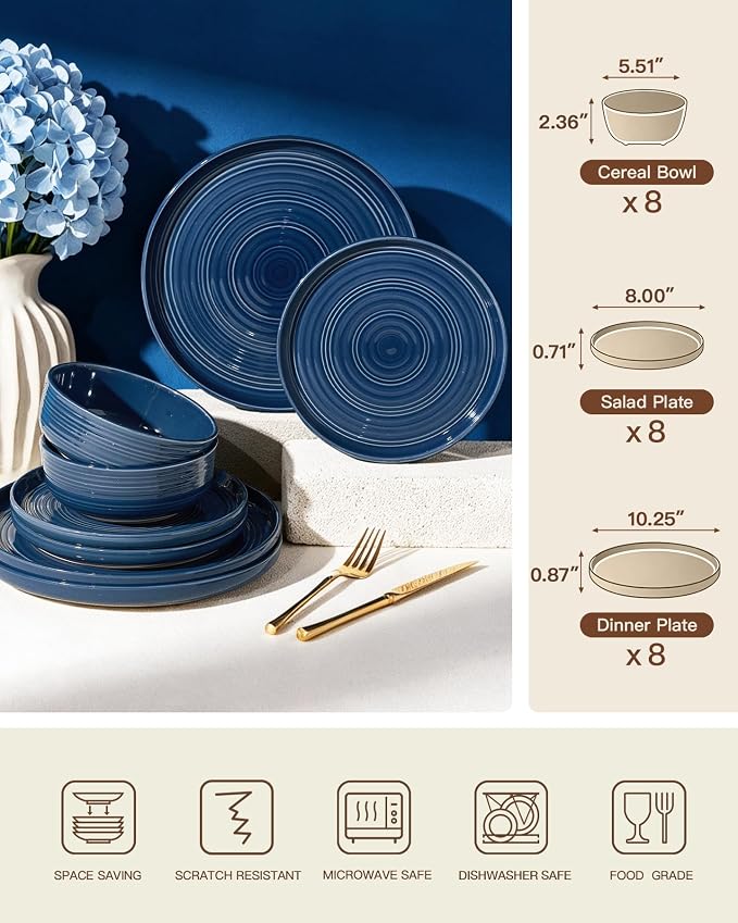 Dinnerware Set for 8, Ceramic Plates & Bowls, Abyssal Blue | 24-Piece Ceramic Speckled Spiral Dishes, Chip & Scratch Resistant, Microwave & Dishwasher Safe, Everyday Use, Farmhouse Style