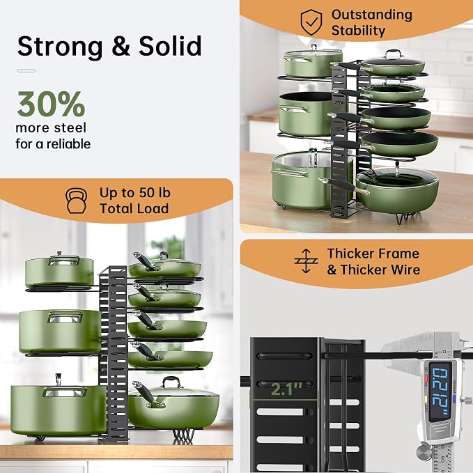 MUDEELA 8-Tier Adjustable Pots and Pans Organizer Rack under Cabinet, Blcak | Adjustable pot rack expands 11.65" to 19". Holds pots, pans and lids. 3 DIY installation methods. Fits kitchen pantry cabinet