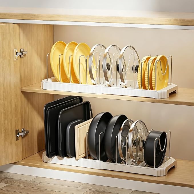 MUDEELA Pots and Pans Organizer under Cabinet, Pan Pot Organizer Inside Cabinet, Expandable 12.9''-21.88'' Pot Lid Organizer Holder with 10 Adjustable Dividers for Cutting Boards, Pan Lid Rack, White