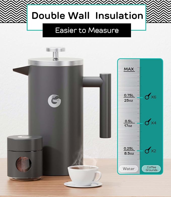 Coffee Gator French Press Coffee Maker 34 oz, Non-Toxic | Double Wall, 4-Layer Filter, Cold Brew Cafetera Tea Pot for Kitchen Travel Camping, Gifts, Decor, Bar Accessories, Gray