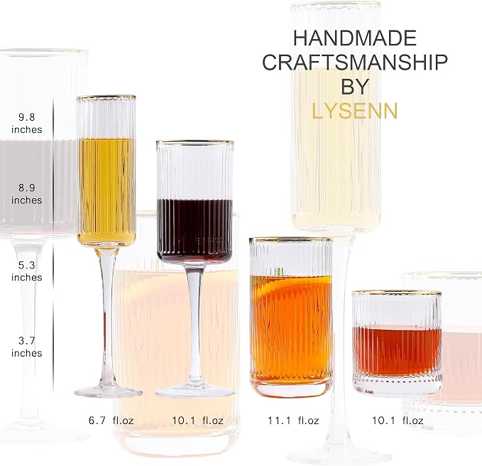 Lysenn Fluted Bar Glassware Set of 4, Wine, Champagne, Whiskey, Highball | Four Distinct Silhouettes, Gold Rim, Hand Blown, Coordinated Drink Service, Wedding Table, Dinner Party, Home Bar, Ideal Gift