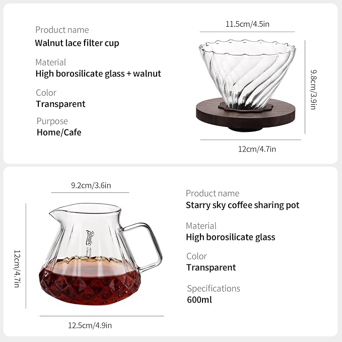 Bincoo Pour Over Coffee Maker&Dripper, Style Cone Filter + 600ml Glass Coffee Server, Manual Coffee Brewer Set, Reusable Coffee Filter Holder, Great Gift for Coffee Enthusiasts