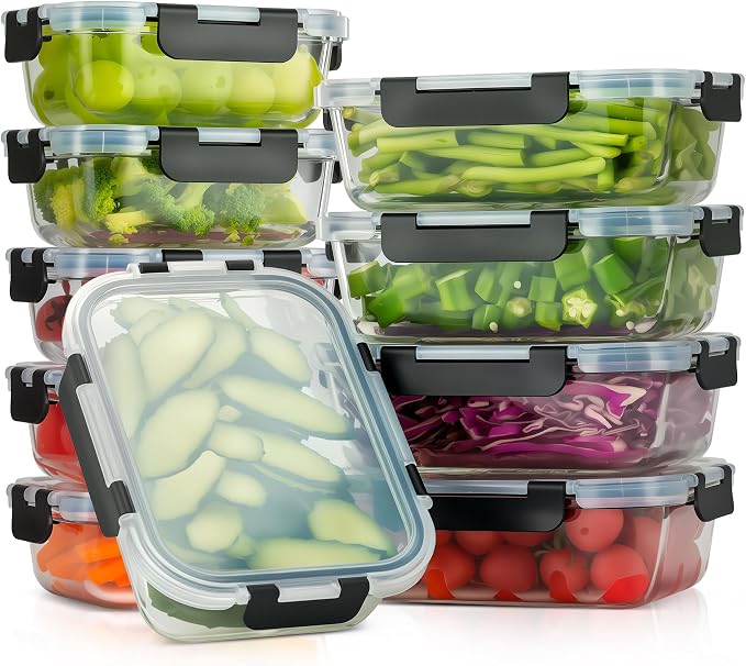 10-Pack Glass Food Storage Containers with lids, Black | Glass Food Storage Container Set with Snap Airtight Lids, Microwave Oven Freezer Dishwasher Safe, BPA-Free