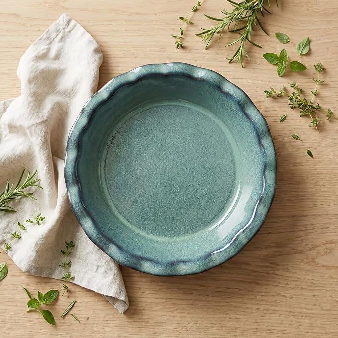 9.2-inch ceramic pie pan, 1.2 quart, ceramic baking pan, rice dish, deep groove pie pan, suitable for apple pie/quiche/risotto/roasted vegetables/oven/restaurant/party, hazy green.