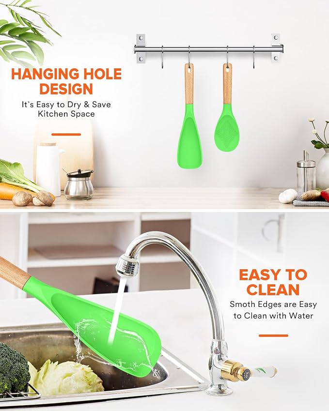 Cooking Spoon and Rice Scooper for Nonstick Cookware,Multi-function | Great for Cooking and Serving, Sturdy BPA-Free Matte Silicone, Wood Handle Spoon for Mixing, Scoop, and Scrape,9.3"+14.3"