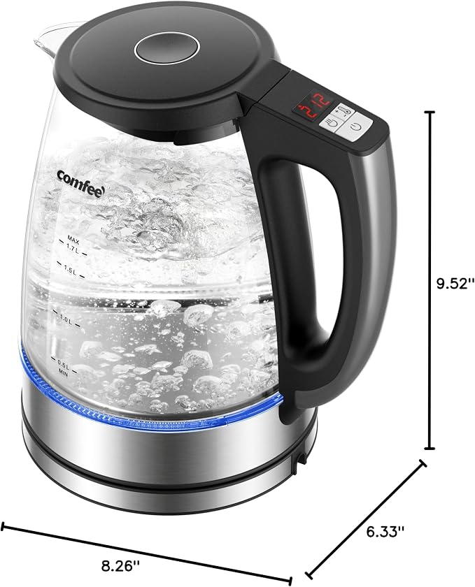 COMFEE' 1.7L Glass Temperature-Control Electric Kettle with 6 Preset Modes