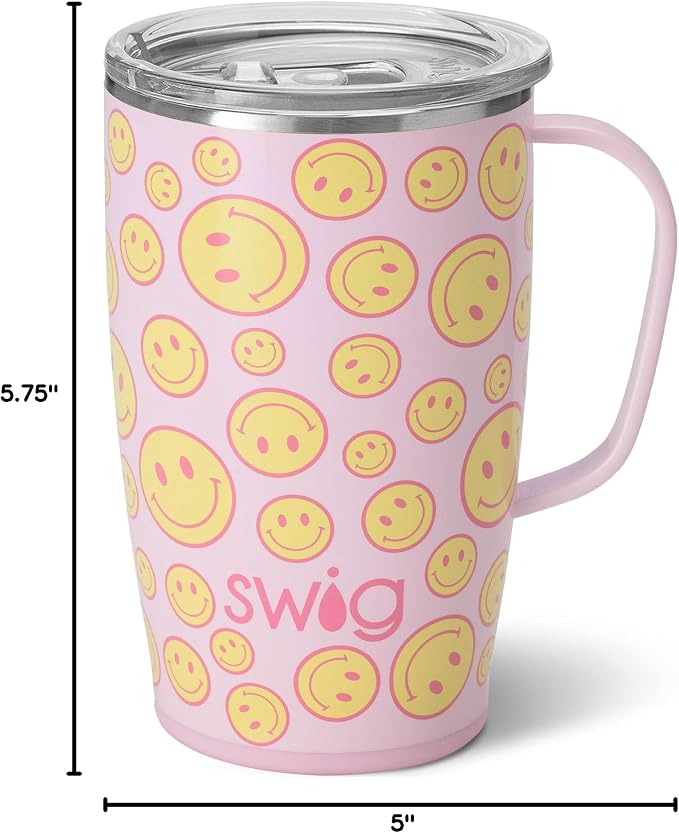 Swig Life 18oz Insulated Travel Mug with Handle & Lid, Oh Happy Day | Triple Insulated Stainless Steel - Handle & Lid Included - Keeps Coffee Hot or Cold - Cup Holder Friendly