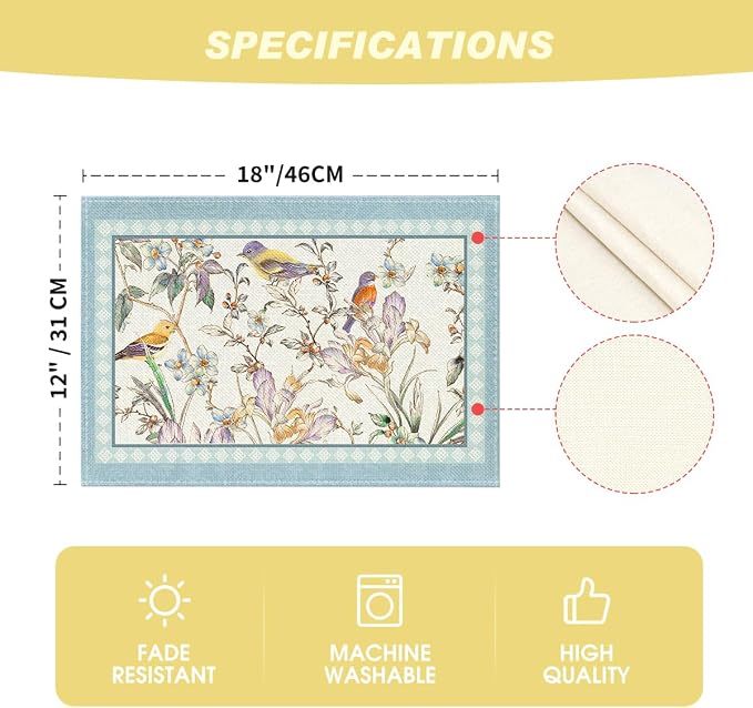 Artoid Mode Blue Birds Flowers Blossom Placemats Set of 4, 12x18 Inch Table Mats for Table Runner Party Kitchen Dining Decoration