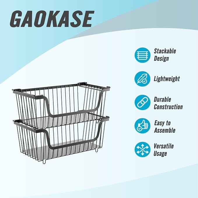 6 Pcs Stackable Wire Baskets for Pantry Organizers and Storage, | Vegetable Fruit Basket for Countertop,Kitchen Storage Metal Baskets,Produce Potato Onion Storage Bin,Black