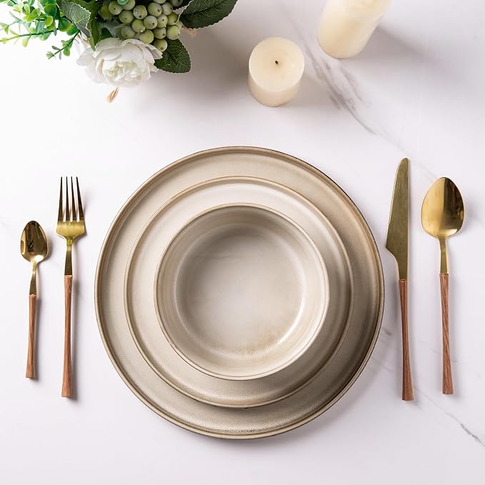 GBHOME Dinnerware Sets for 8, 24 Pieces Ceramic Plates and Bowls Set | Scratch Resistant Stoneware Dishes Set, Dishwasher & Microwave Safe, Reactive Glaze-Cappuccino