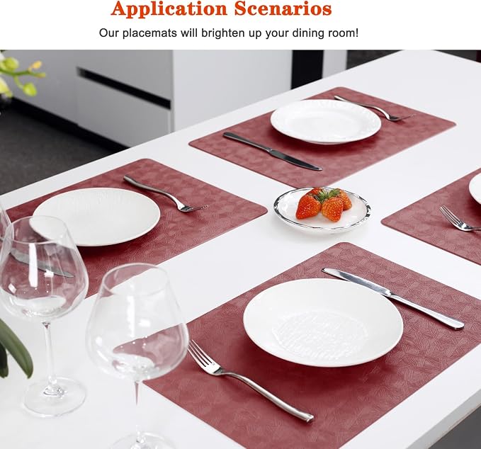 Red Vinyl Placemats Set of 12 Waterproof Wipeable Table Mats | Heat Resistant Easy Clean Place Mats Faux Leather Table Mats Washable PVC Table Placemats for Dining Table