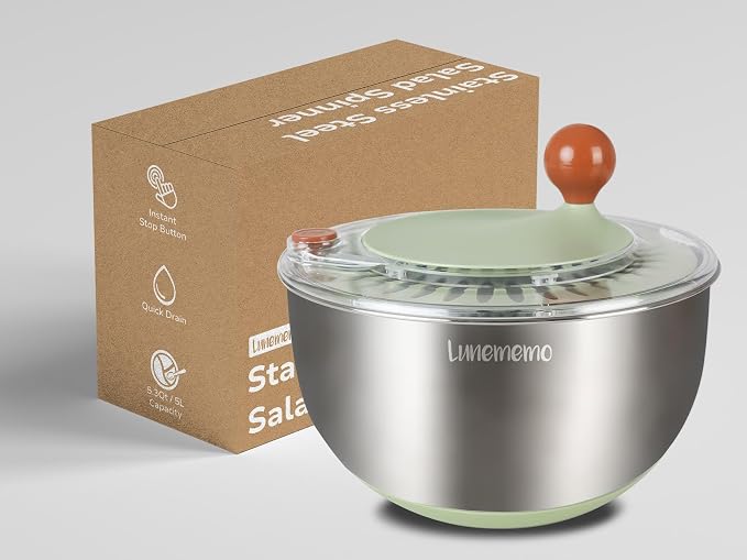 Stainless Steel Salad Spinner, BPA Free, Quick Dry & Stop, 5.3 Qt | Non-Slip Lettuce Veggie Spinner, Drain, Stop Button, Vegetable Fruit Washer, Dishwasher Safe, Also as Serving & Salad Bowl