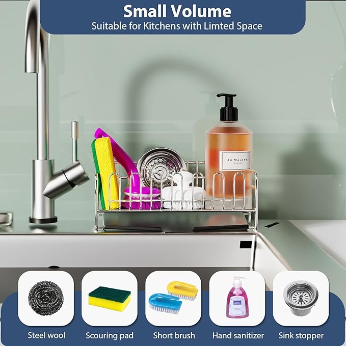 KABUM 304 Stainless Steel Sponge Holder for Kitchen Sink(8.27x2.95x3.43) | Compact Sink Caddy with 4 Non-Slip Silicone Pads, Easy to Clean Rustproof 304 Steel, Kitchen Essentials, No-Tools Design