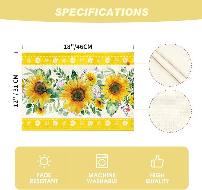 Artoid Mode Sunflowers Leaves Flower Summer Placemats Set of 4, 12x18 Inch Seasonal Holiday Table Mats for Party Kitchen Dining Decoration