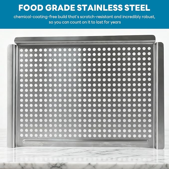 Grill pan, Grill topper for outdoor grill with hole, 17.7 * 12.6 Cooking Surface, Stainless steel grill pan for Gas Grill,camping or party (larger)