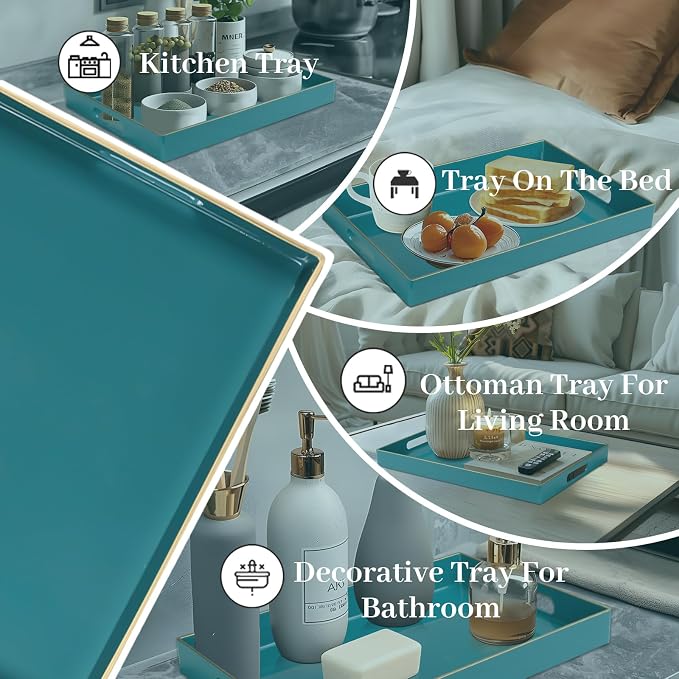 Teal Decorative Tray for Coffee Table, Serving Tray with Handles | Plastic Melamine Tray, Modern Ottoman Tray, Rectangular Countertop Organizer Tray for Living Room, 15.8"L x 10.2"W x 1.4"H