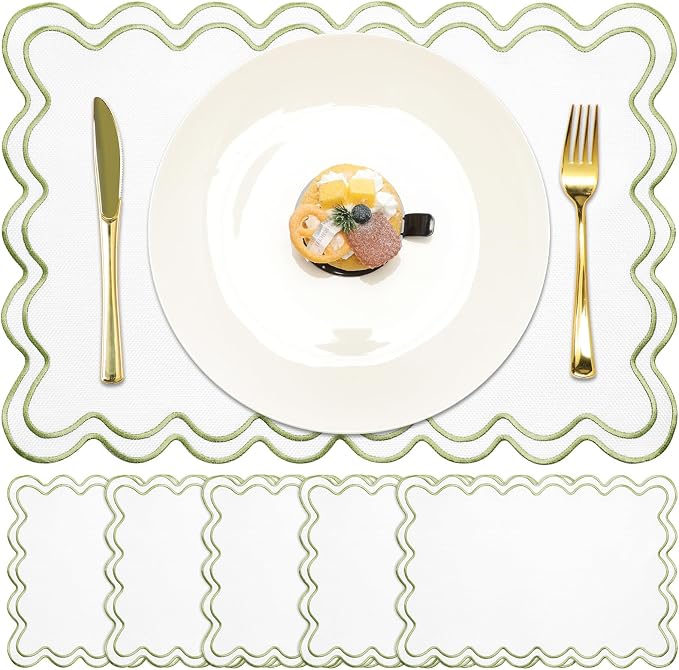 HunnmingRe White with Green Set of 6 Cotton Linen Wedding Placemats, 13x19 Inch Scalloped Wavy Embroidery Placemat Double Layered Washable Rustic Rectangle Dinner Table Mat for Home Decor