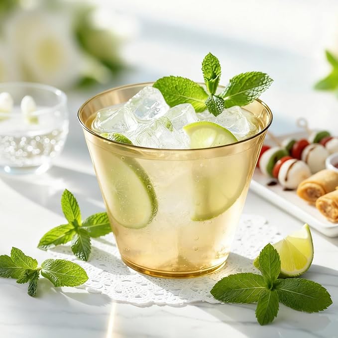 Glowserve 9 OZ Gold Disposable Plastic Cups Cocktail Cup 50 Pack | Fancy Cocktail Cup,Stemless Wine Glass,Wedding Wine Glasses,Graduation Birthday,World Cup,Party Essentials