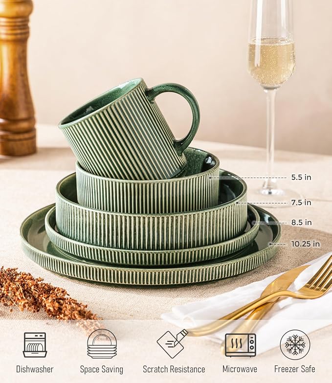 GBHOME Stoneware Dinnerware Sets for 4,16-Piece Plates and Bowls Set | Handmade Reactive Glaze Ceramic Dish Set, Scratch Resistant, Dishwasher&Microwave Safe,Dark Green
