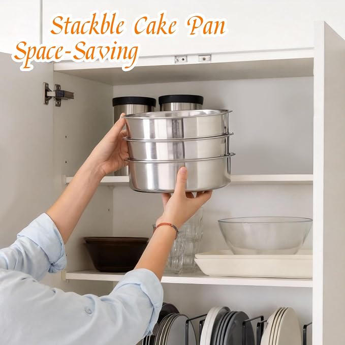 tifanso 3PCS 8" Round Stainless Steel Even Heating Cake Pans for Baking | Stackable Design, Perfect for Layer Cakes Birthday Parties & Weddings, Dishwasher Safe, Ideal for Home Bakers