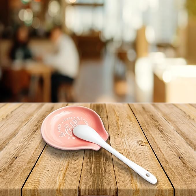 Funny Coffee Quote First I Drink The Coffee Then I Do The Things Ceramic Spoon Holder- Orange Pink Coffee Spoon Rest -Cafe Station Bar Accessories