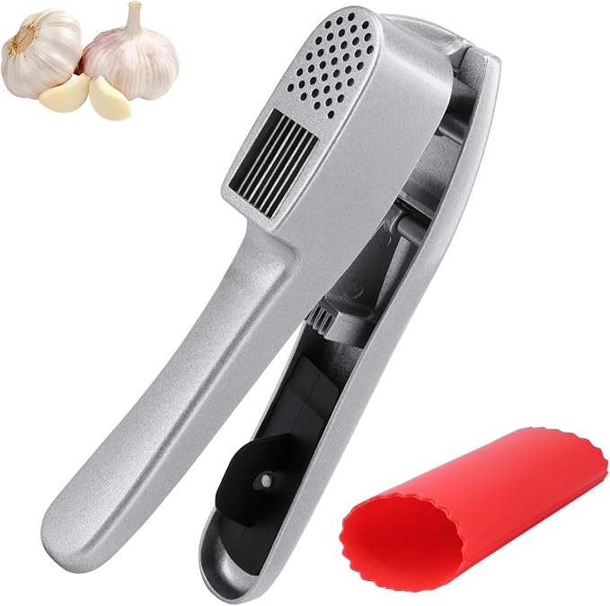 2 in 1 Garlic Press and Slicer with Built-In Cleaner and Silicone Peeler | Garlic Mincer Easily Mince and Crush Garlics, Ginger, Nuts, Seeds, Peeler Included, Peeling Cloves