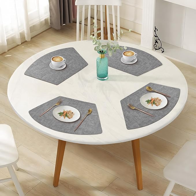 Round Table Placemats Set of 4, Faux Leather Wedge Shape Place Mats Heat Resistant Wipeable Washable Table Mats for Dining Outdoor Indoor, Gray