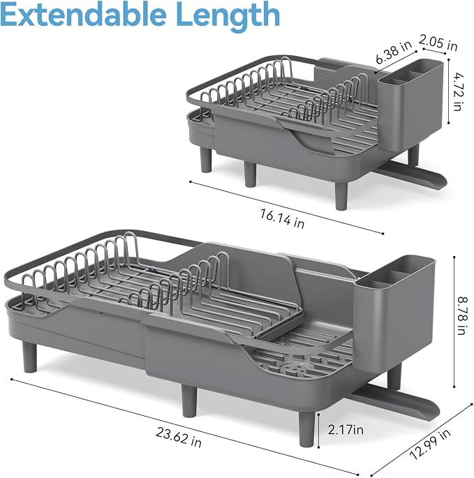 Urackify Expandable Dish Drying Rack for Kitchen Counter,16.2-23.7in,Grey | Adjustable Capacity, Self-Draining Drainboard, Heavy-Duty Steel Frame, Stable Plate Rack, Fits Most Sinks