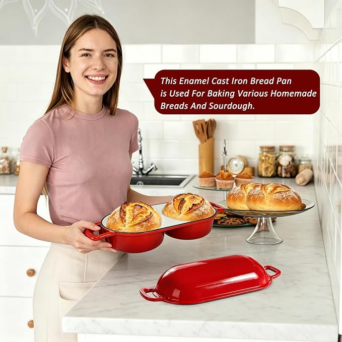 2.7 QT Enameled Cast Iron Bread Oven with Lid, Double Loaf Dutch Oven for Sourdough Bread Baking, Bake Two Artisan Mini Loaves at Once, Steam Locking Lid, Non-Stick Easy Clean, Oven Safe 500°F