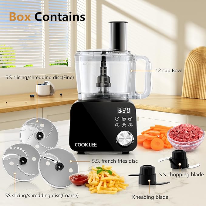 COOKLEE Food Processor, 600 Watts, 6 Functions Electric Vegetable Chopper for Chopping, Mincing, Dicing, Shredding, Slicing, Purees & Dough with 12cup Processor Bowl, Food Chute & Pusher, Black