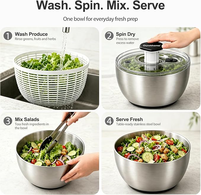 Ourokhome 6.3 QT Stainless Steel Salad Spinner, Large Lettuce Spinner with One-Hand Press Pump, Brake Button, Non-Slip Base and Retractable Handle, Vegetable Washer & Dryer for Greens, Fruits and Herb