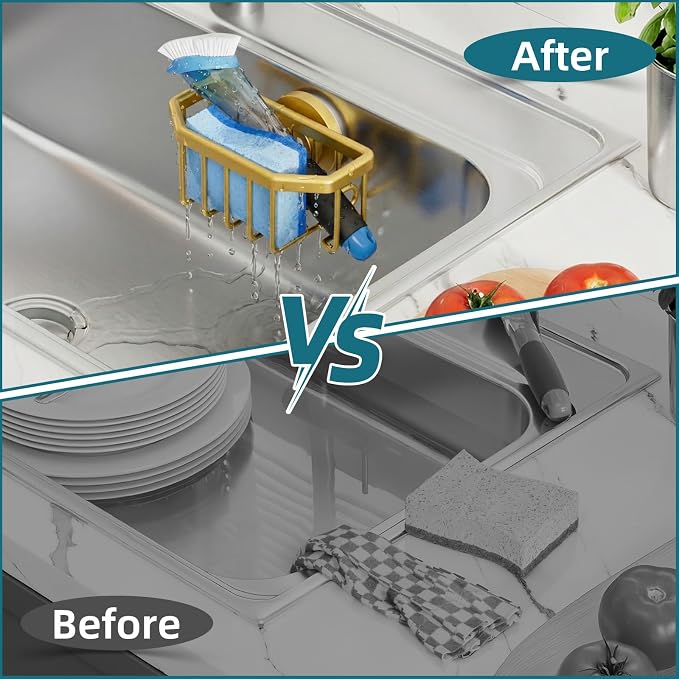 TAILI Sponge Holder for Kitchen Sink with Strong Suction Cup-Gold | Removable Sink Caddy for Kitchen Sink Oganizer, Rustproof Aluminum Sink Sponge Holder for Scraper Brushes, Stoppers