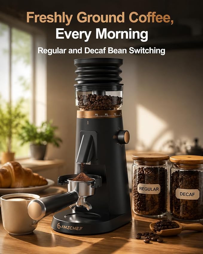 AMZCHEF Single Dose Burr Grinder, 75 Settings, Quiet DC Motor, Anti-Static | 40mm Burr, <0.2g Retention, 5-60s Timer, Magnetic Outlet, Vacuum Storage Cup, LED Light, Espresso, Pour-Over & French Press